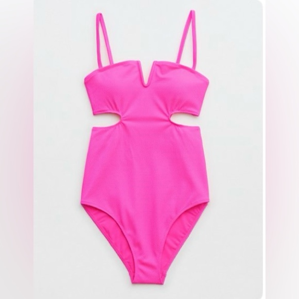 Aerie Shine Pique V Wire Cut Out One Piece Swimsuit